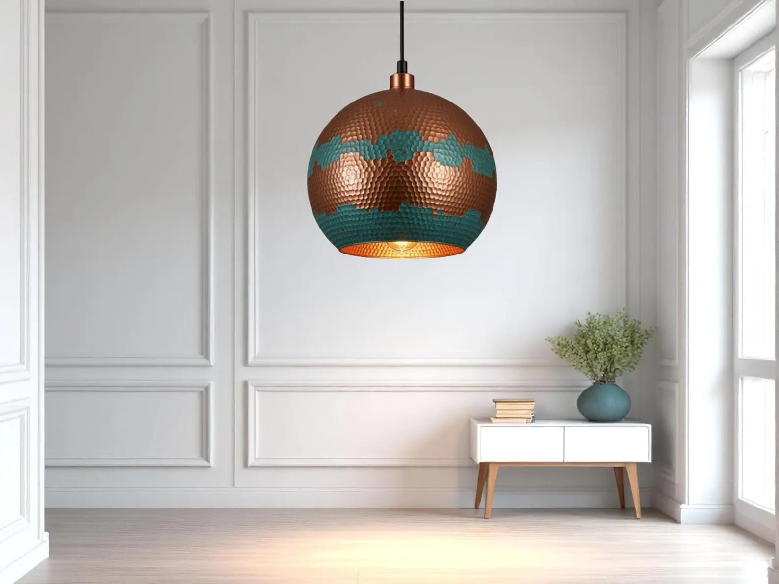 Handmade Copper Pendant Light - Green Patina Moroccan Dome Lamp - Mettlemix