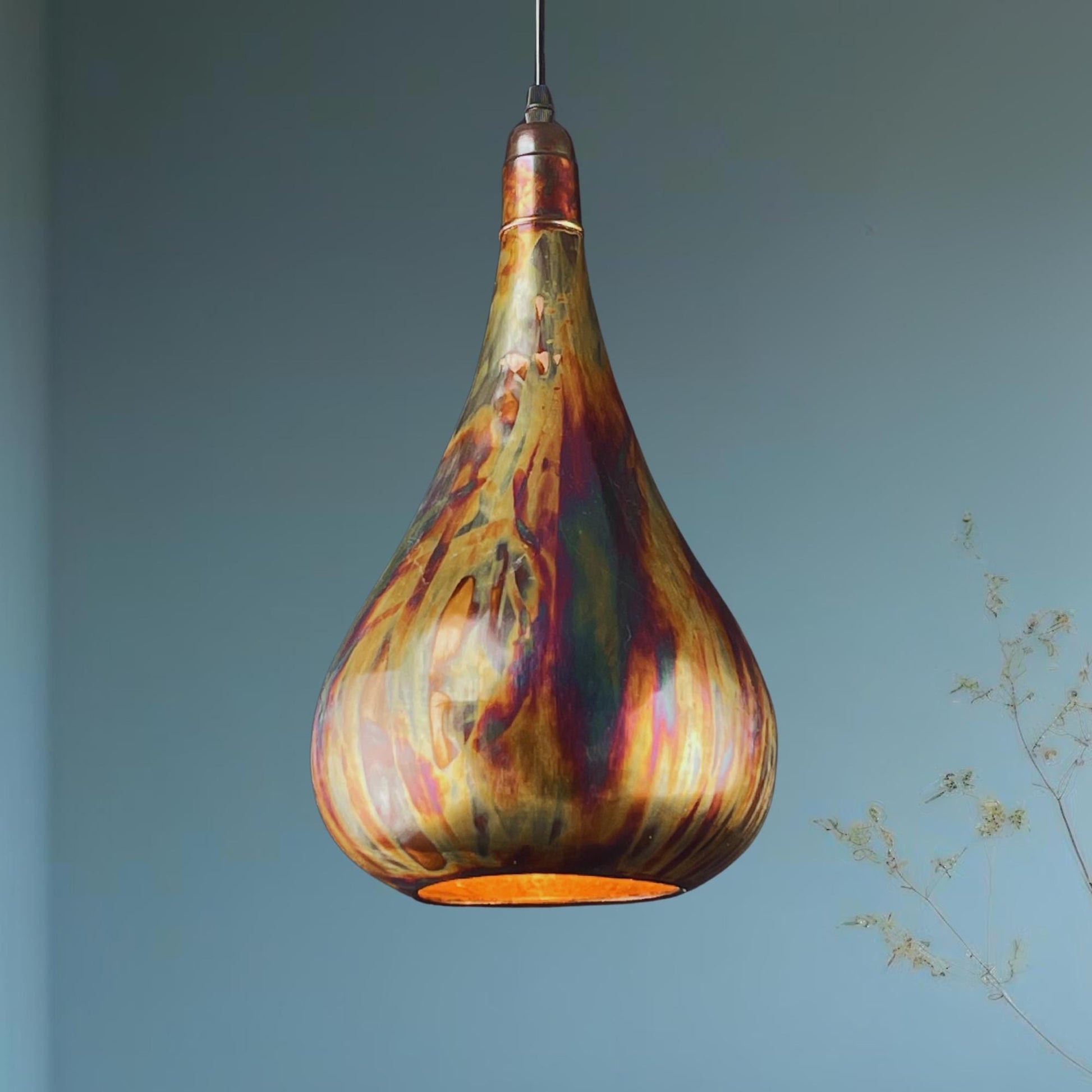 Handmade Copper Teardrop Pendant Light: Rustic Patina Ceiling Lamp - Mettlemix