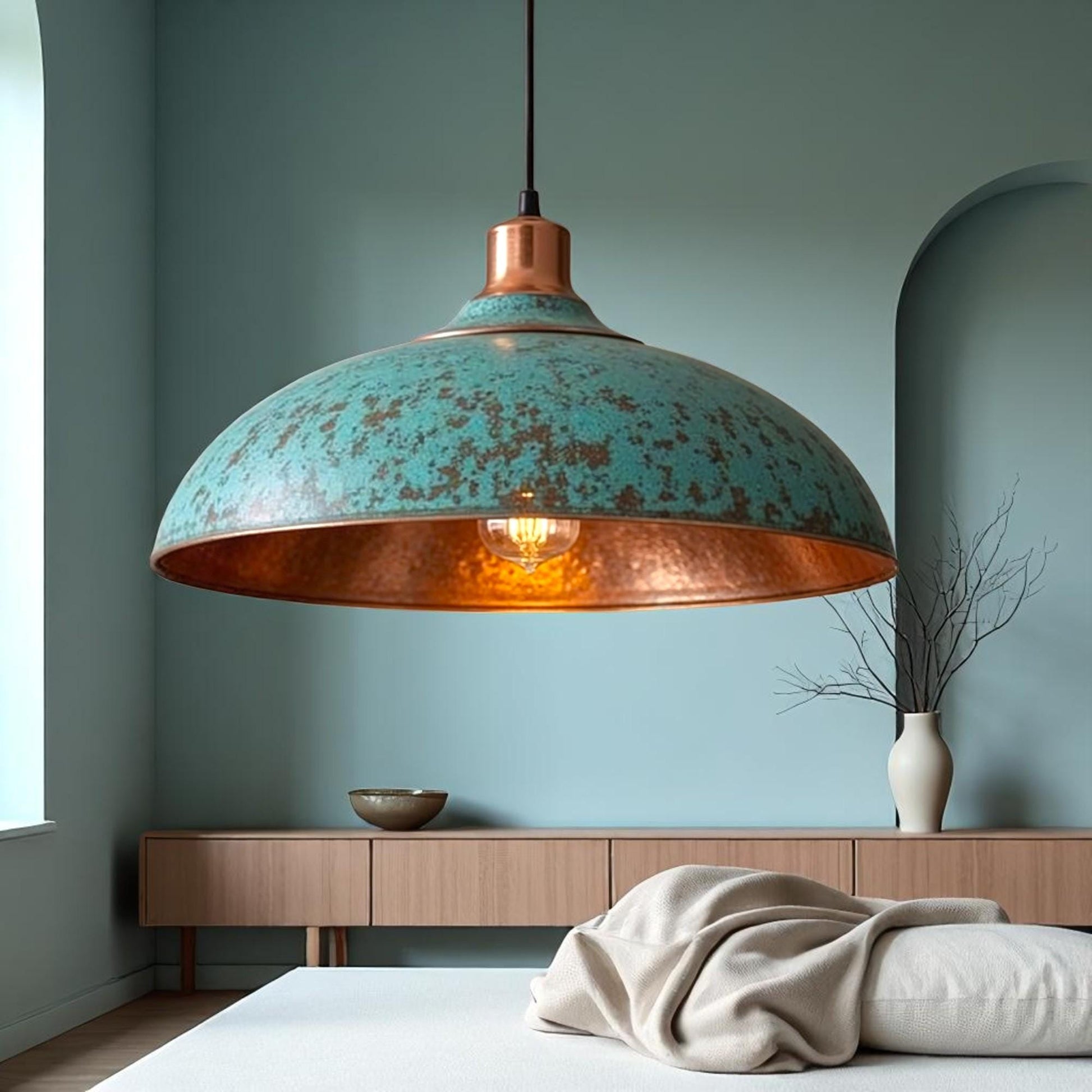 Handmade Green Patina Copper Dome Pendant Light: Rustic Artisan Lamp - Mettlemix