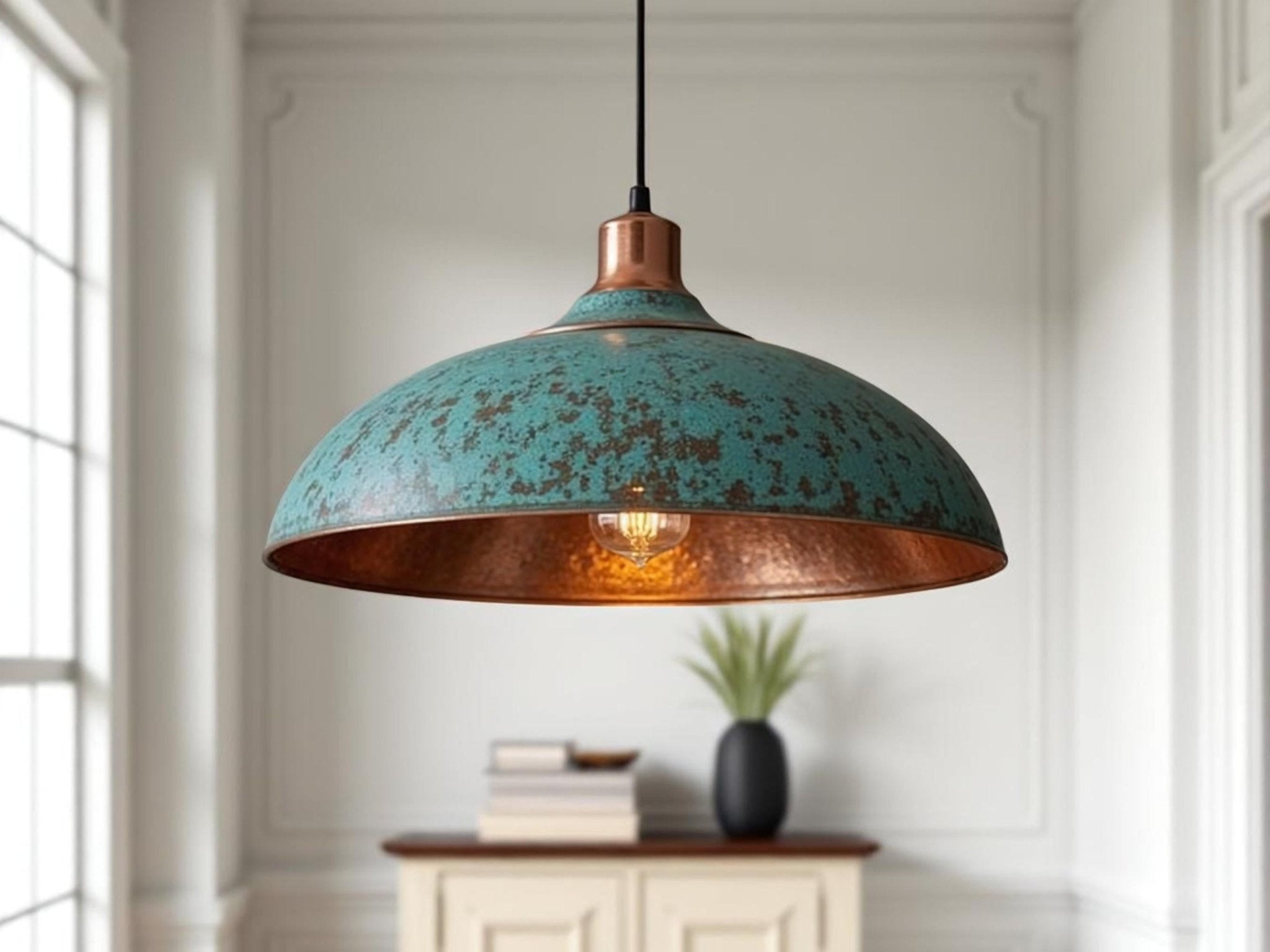 Handmade Green Patina Copper Dome Pendant Light: Rustic Artisan Lamp - Mettlemix
