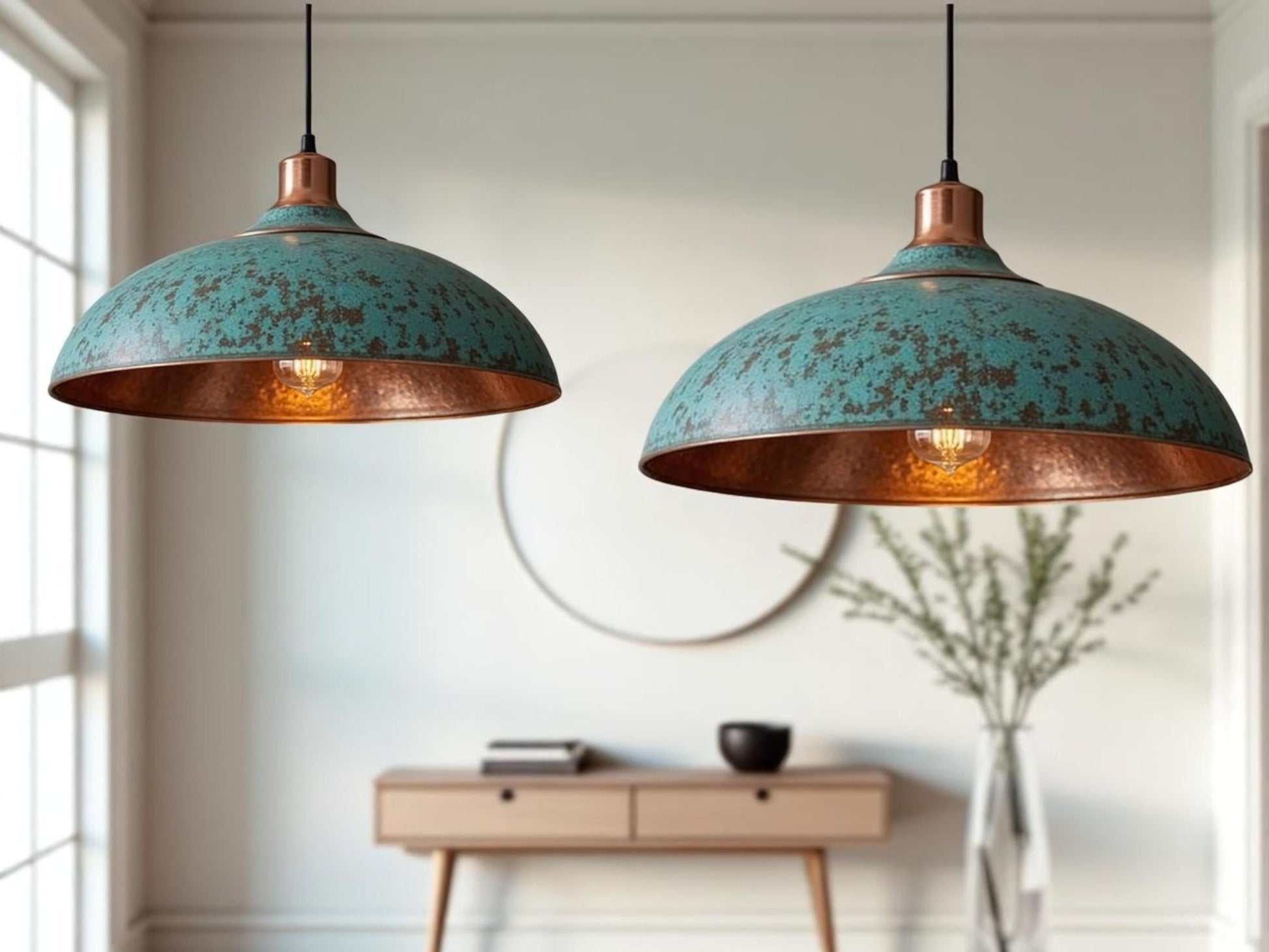 Handmade Green Patina Copper Dome Pendant Light: Rustic Artisan Lamp - Mettlemix