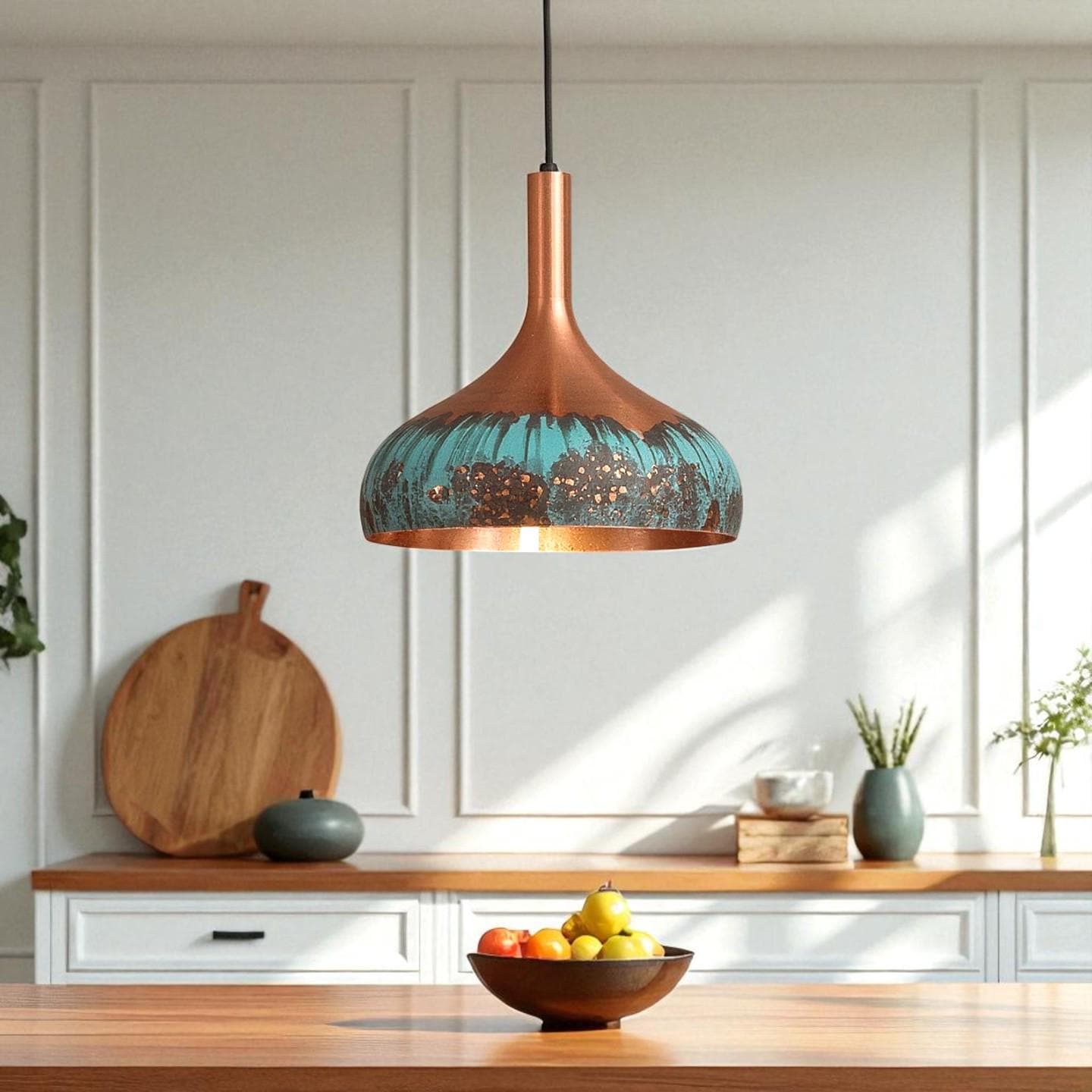 Handmade Green Patina Copper Dome Pendant Light: Rustic Chandelier - Mettlemix
