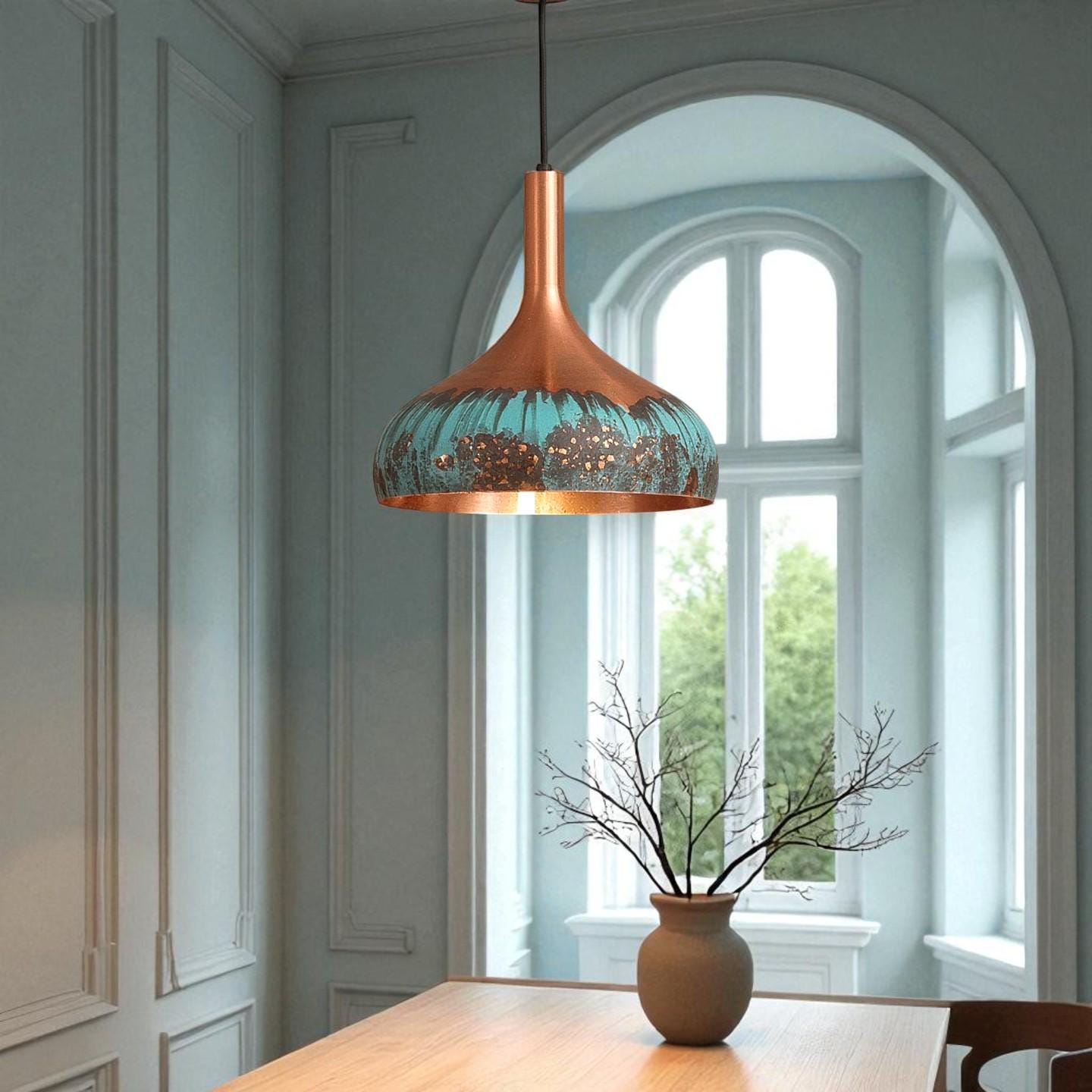 Handmade Green Patina Copper Dome Pendant Light: Rustic Chandelier - Mettlemix