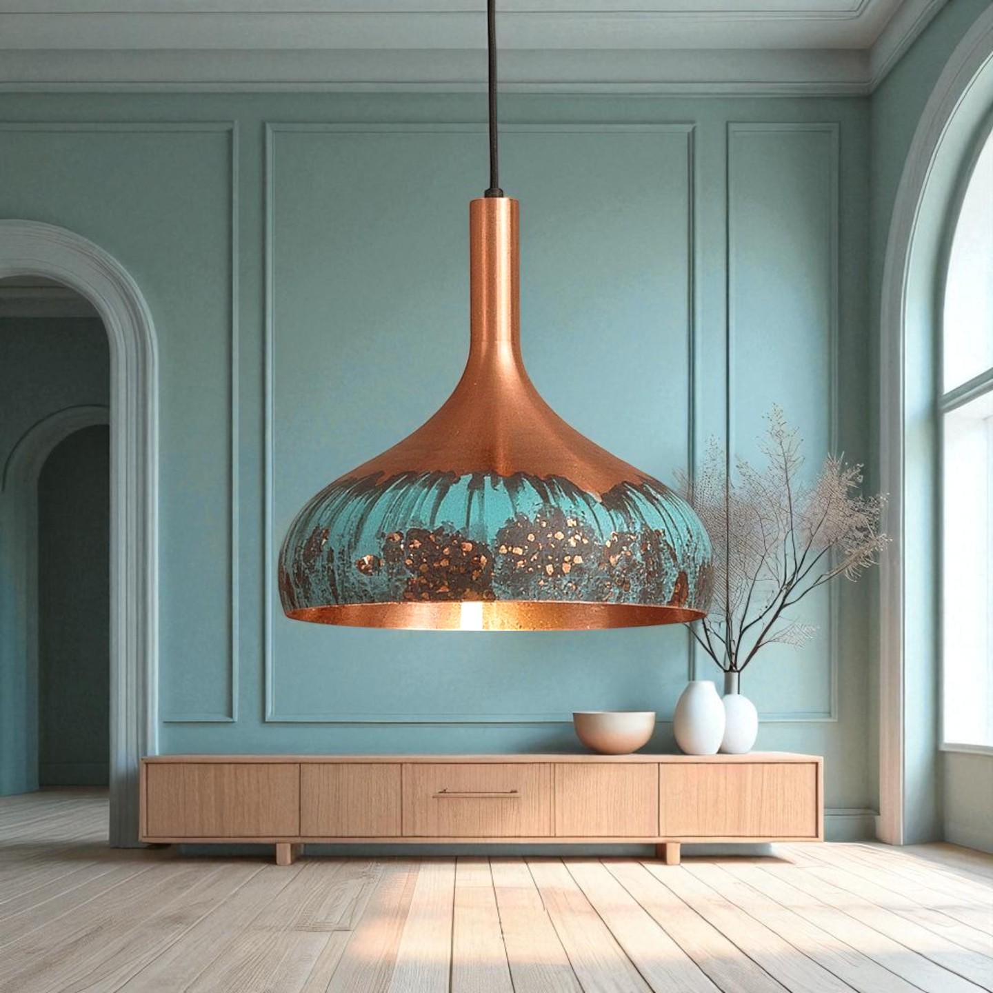 Handmade Green Patina Copper Dome Pendant Light: Rustic Chandelier - Mettlemix