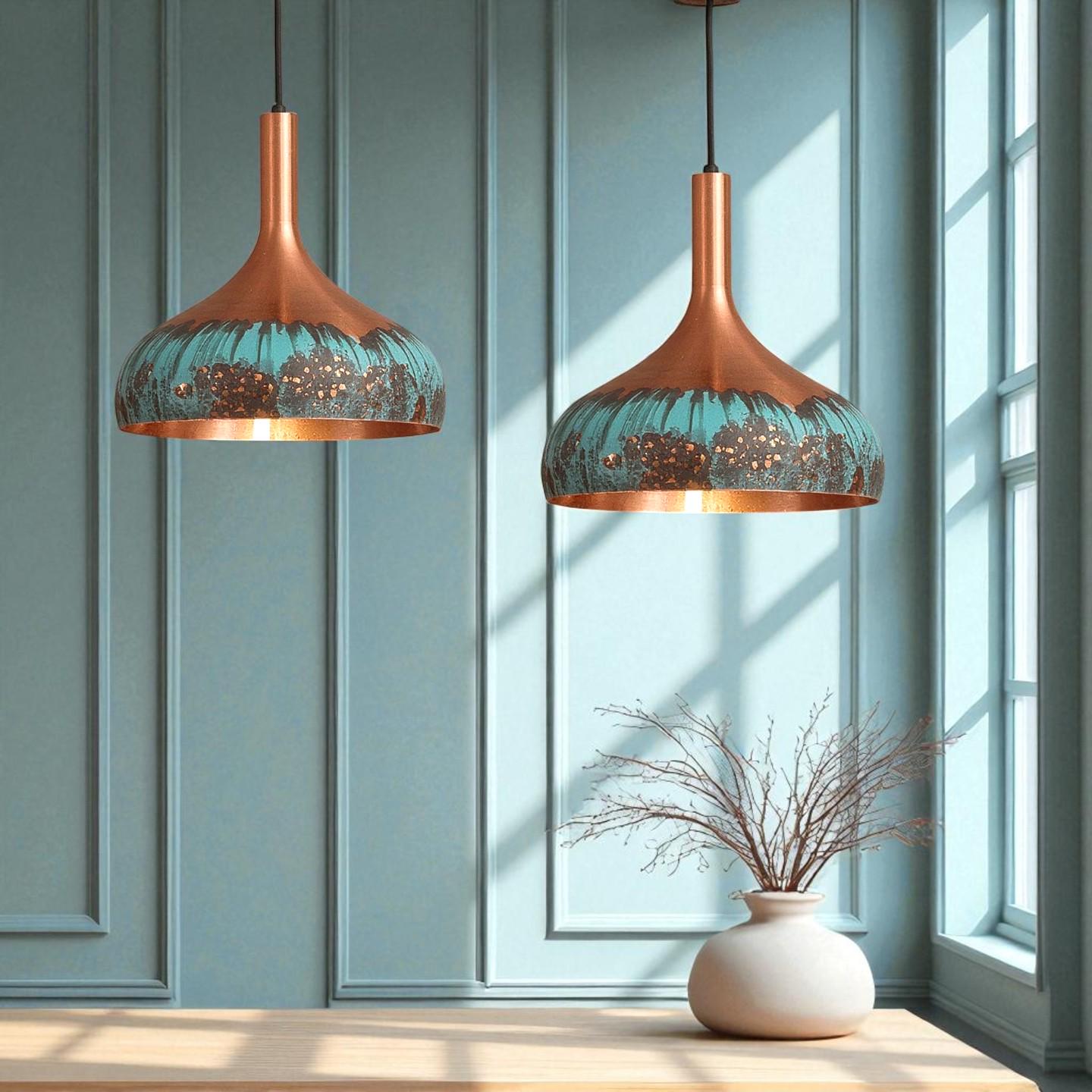 Handmade Green Patina Copper Dome Pendant Light: Rustic Chandelier - Mettlemix
