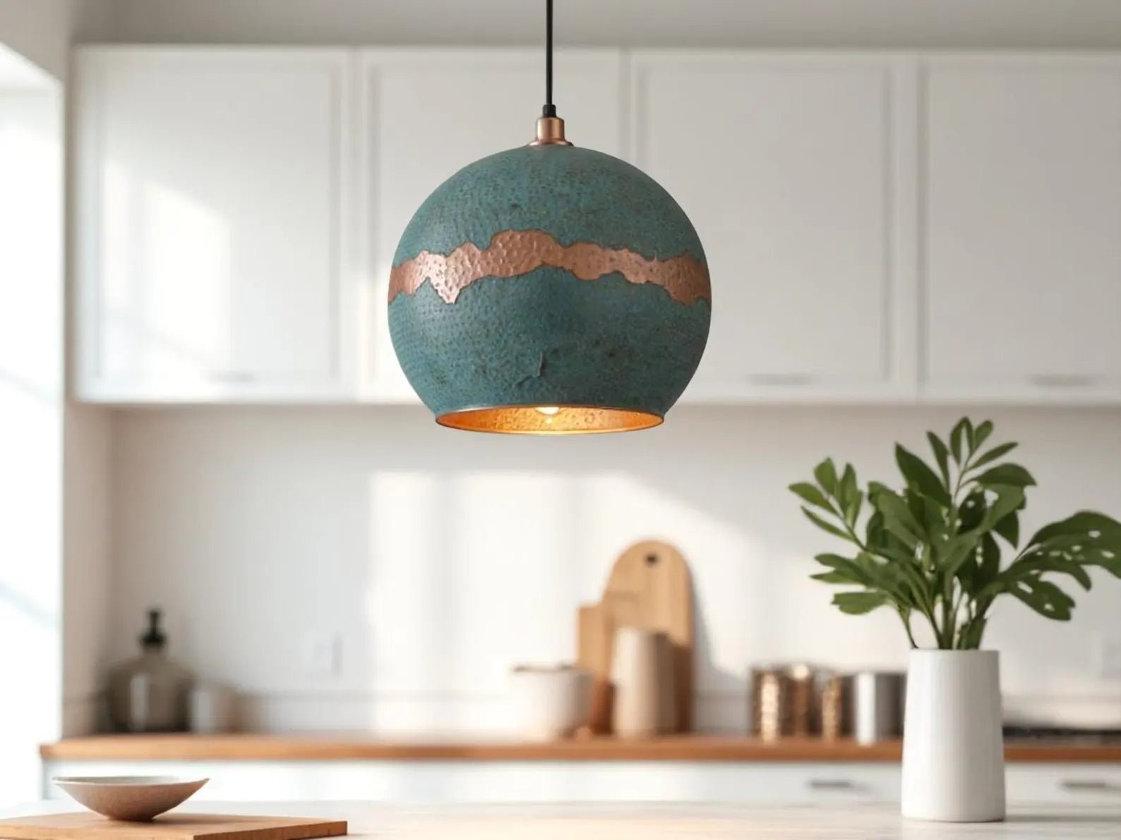 Handmade Green Patina Copper Pendant Light - Moroccan Boho Decor - Mettlemix