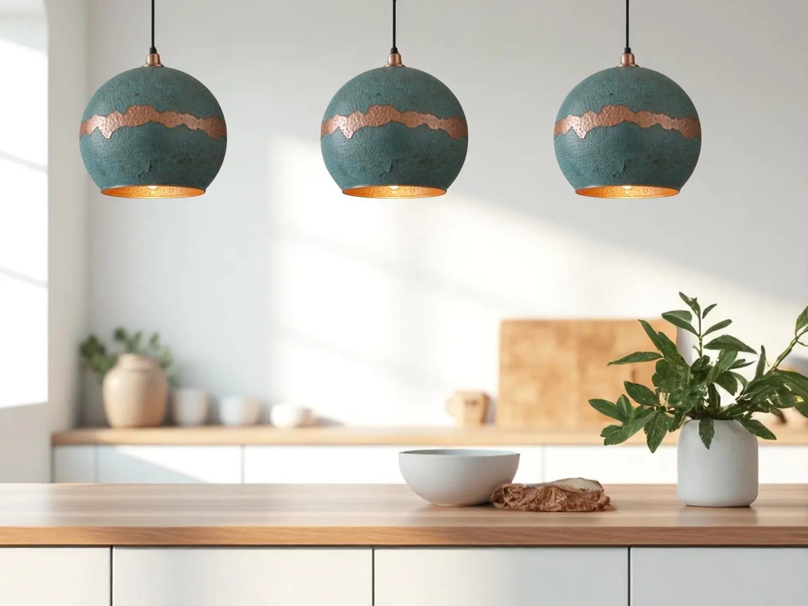 Handmade Green Patina Copper Pendant Light - Moroccan Boho Decor - Mettlemix