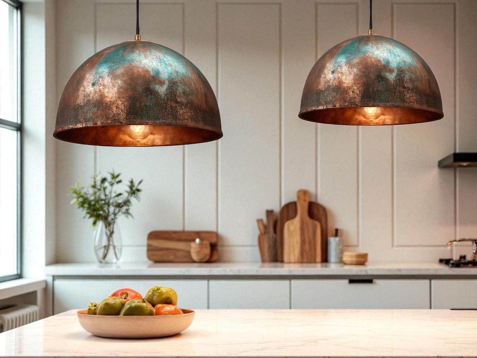 Handmade Green Patina Copper Pendant Light: Rustic Dome Lamp - Mettlemix