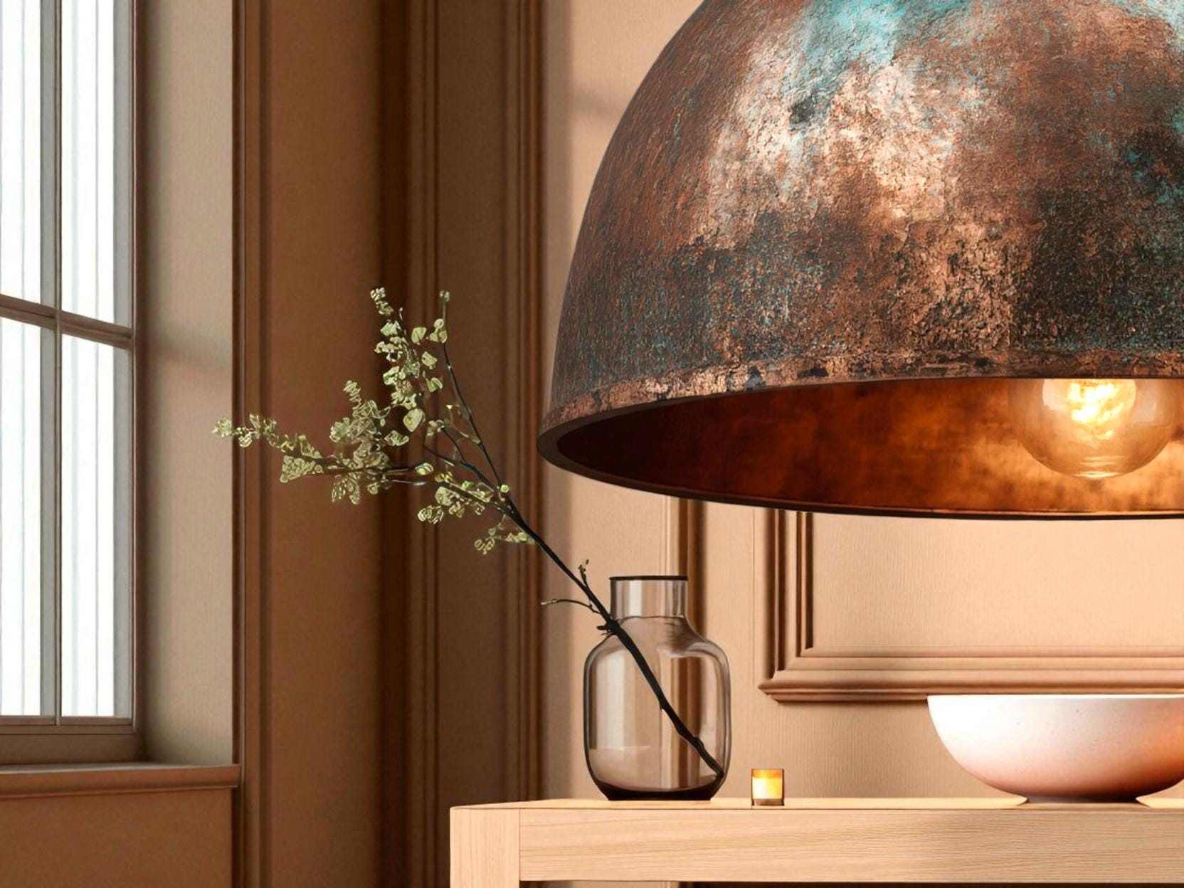 Handmade Green Patina Copper Pendant Light: Rustic Dome Lamp - Mettlemix
