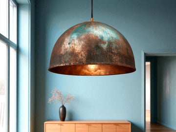 Handmade Green Patina Copper Pendant Light: Rustic Dome Lamp - Mettlemix