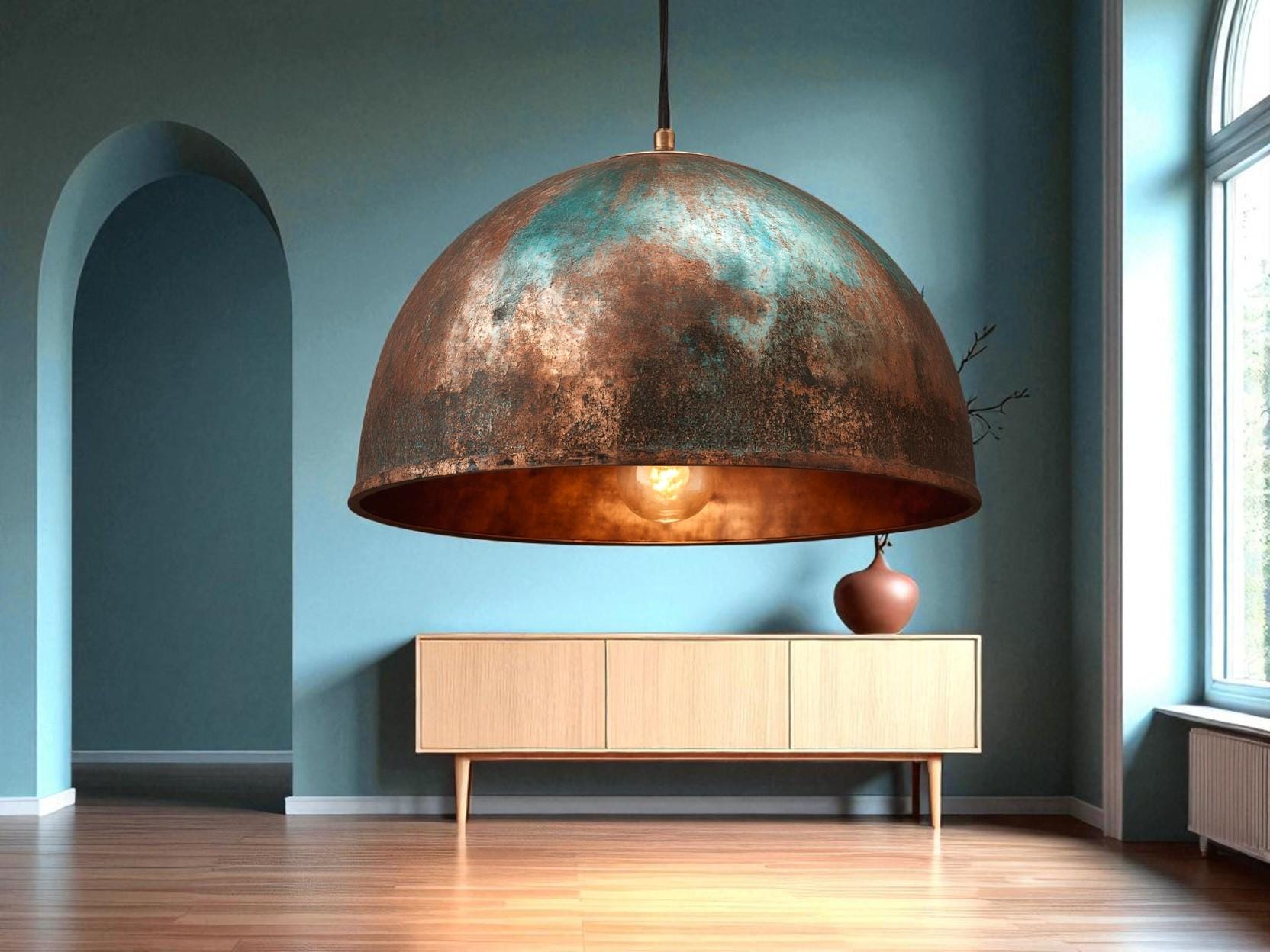 Handmade Green Patina Copper Pendant Light: Rustic Dome Lamp - Mettlemix