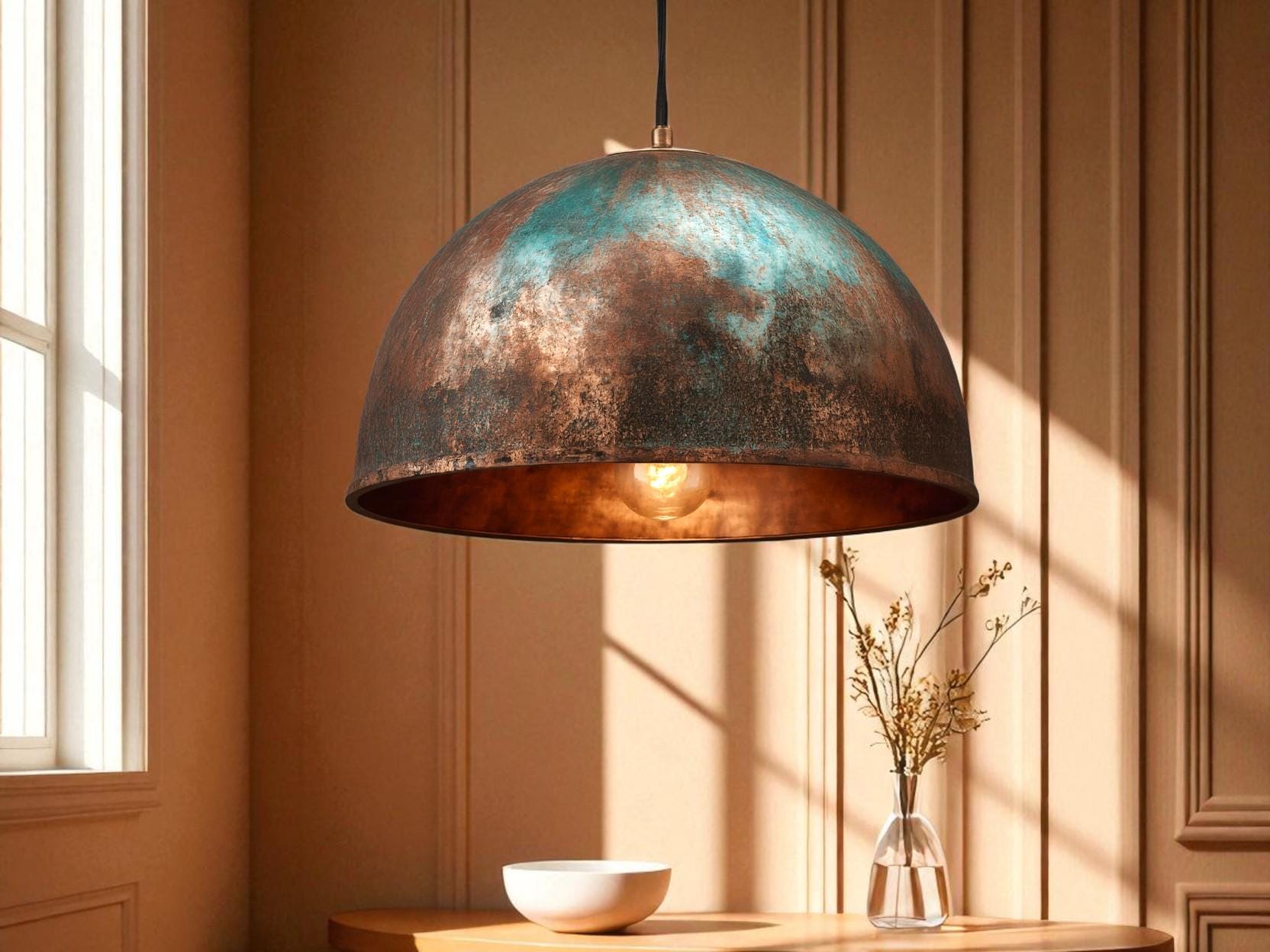 Handmade Green Patina Copper Pendant Light: Rustic Dome Lamp - Mettlemix