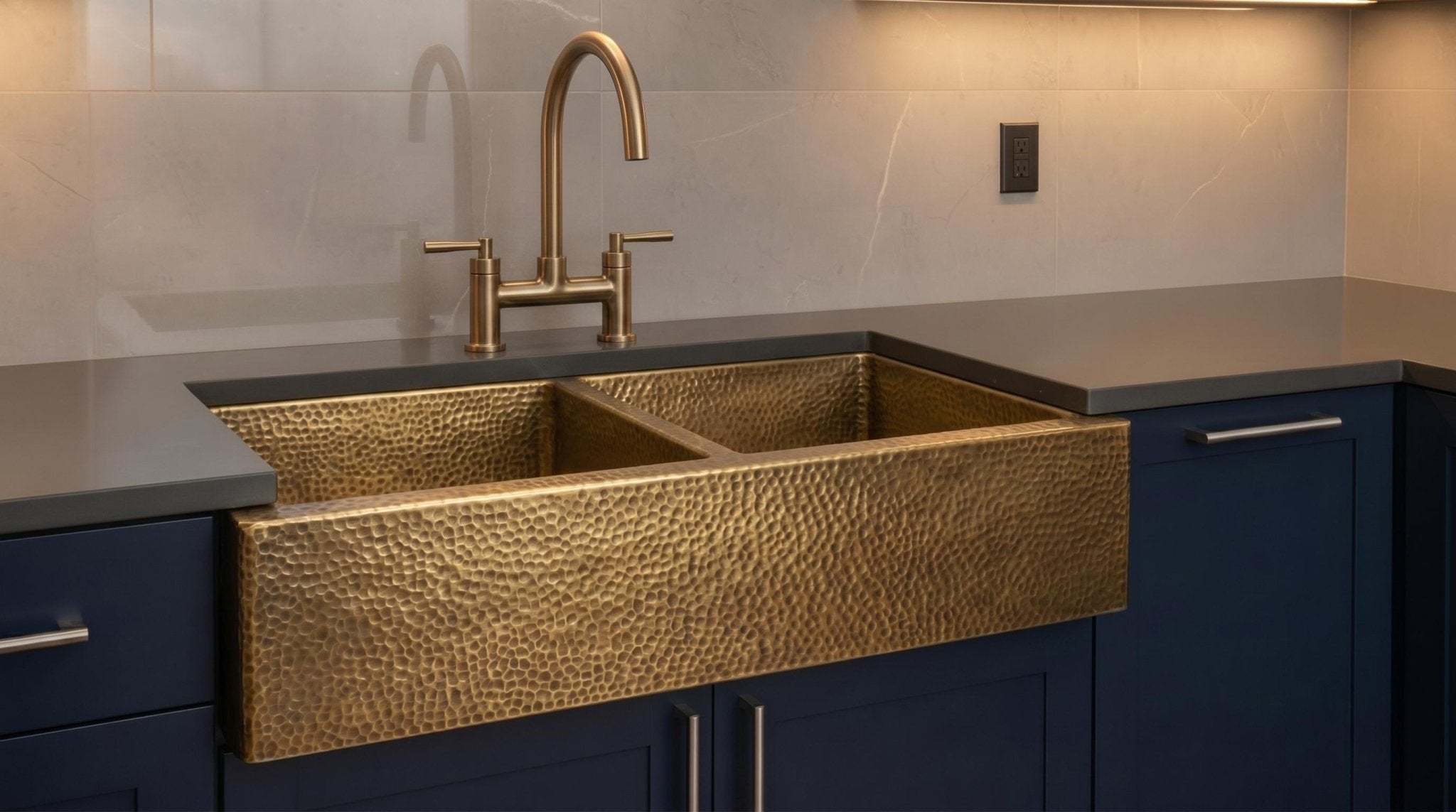 Handmade Hammered Brass Farmhouse Sink - Double Bowl Kitchen Apron Front Sink - Antique Brass Kitchen Fixture - Luxury Custom Brass Basin - Mettlemix