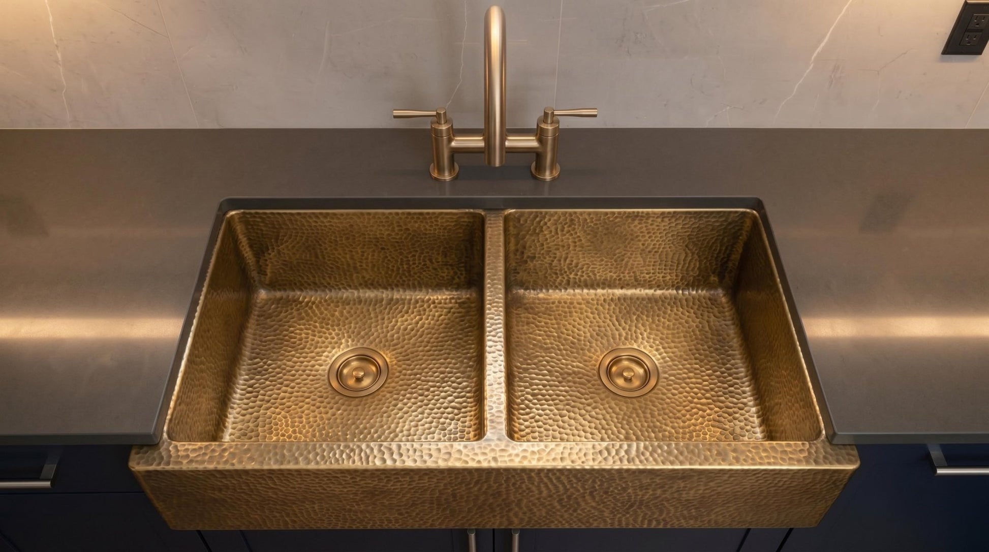 Handmade Hammered Brass Farmhouse Sink - Double Bowl Kitchen Apron Front Sink - Antique Brass Kitchen Fixture - Luxury Custom Brass Basin - Mettlemix