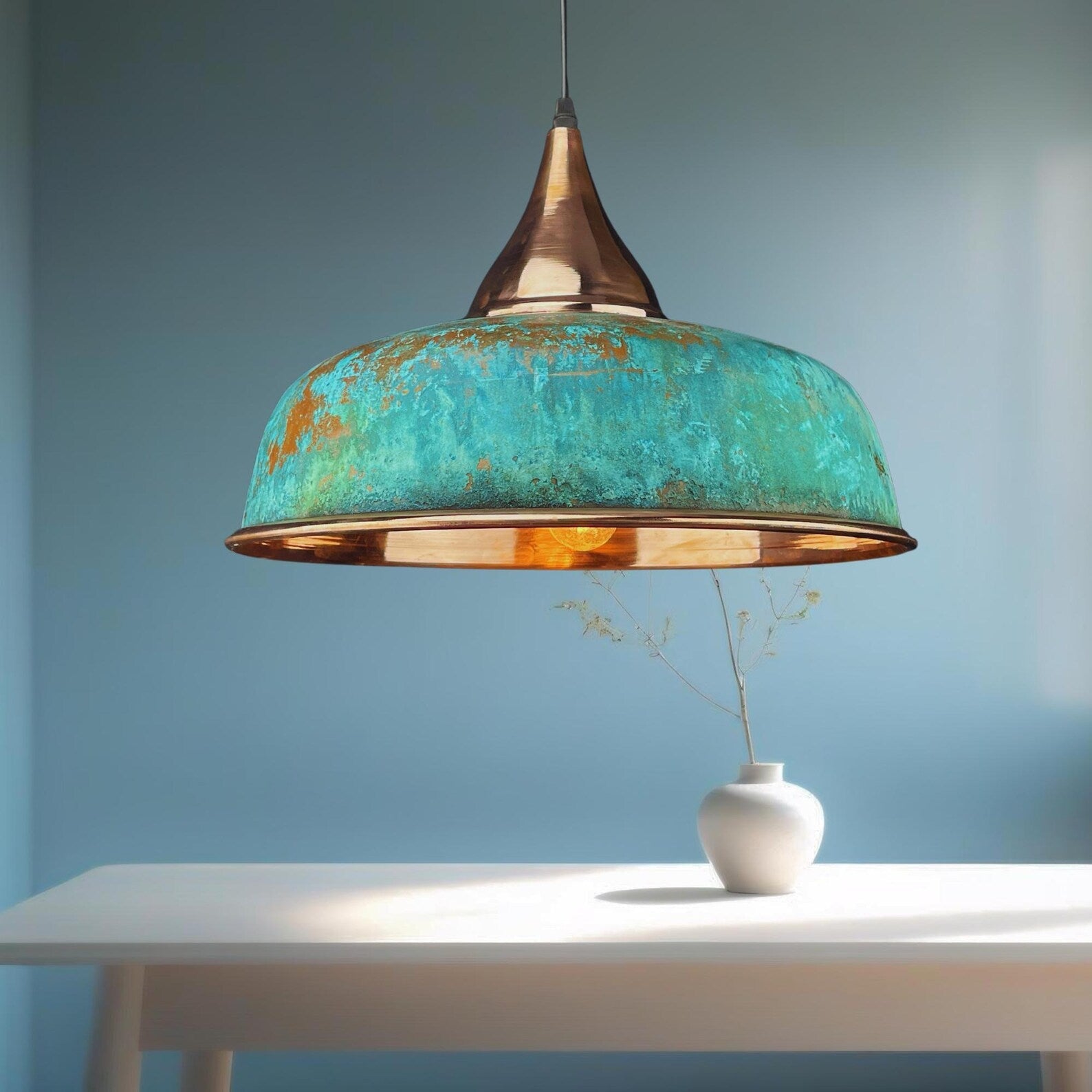 Handmade Oxidized Copper Pendant Light - Green Patina Dome Lamp - Mettlemix