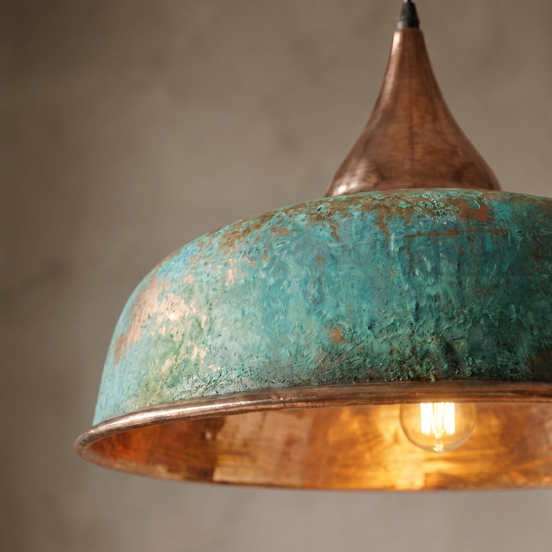 Handmade Oxidized Copper Pendant Light - Green Patina Dome Lamp - Mettlemix