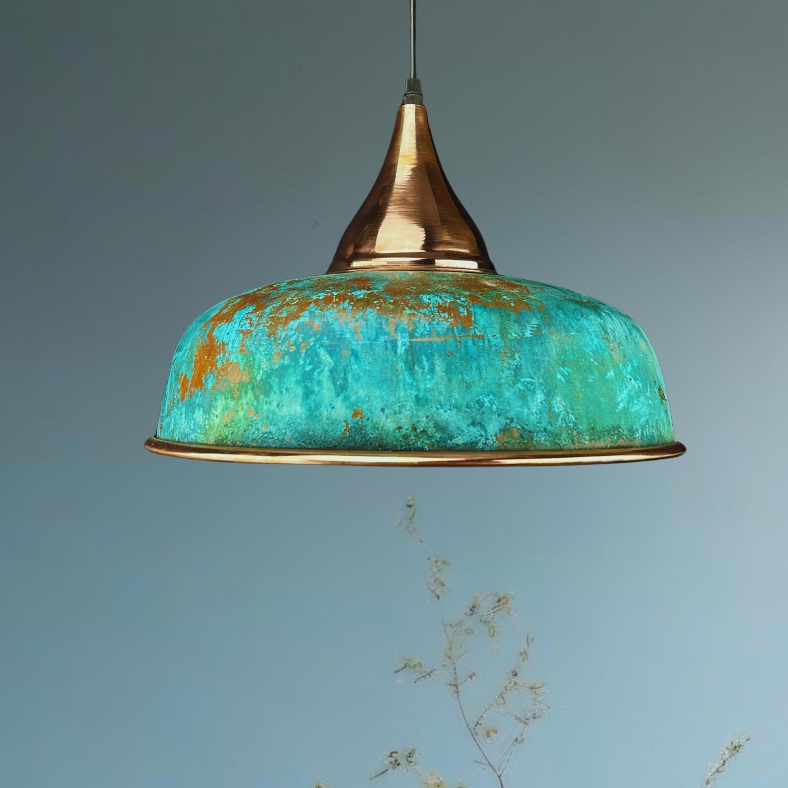 Handmade Oxidized Copper Pendant Light - Green Patina Dome Lamp - Mettlemix