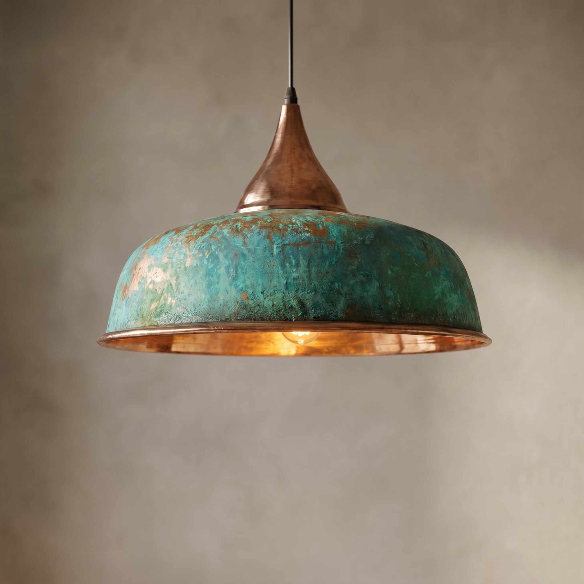 Handmade Oxidized Copper Pendant Light - Green Patina Dome Lamp - Mettlemix