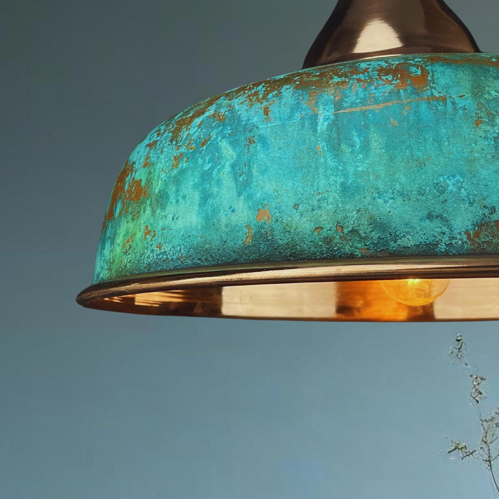 Handmade Oxidized Copper Pendant Light - Green Patina Dome Lamp - Mettlemix