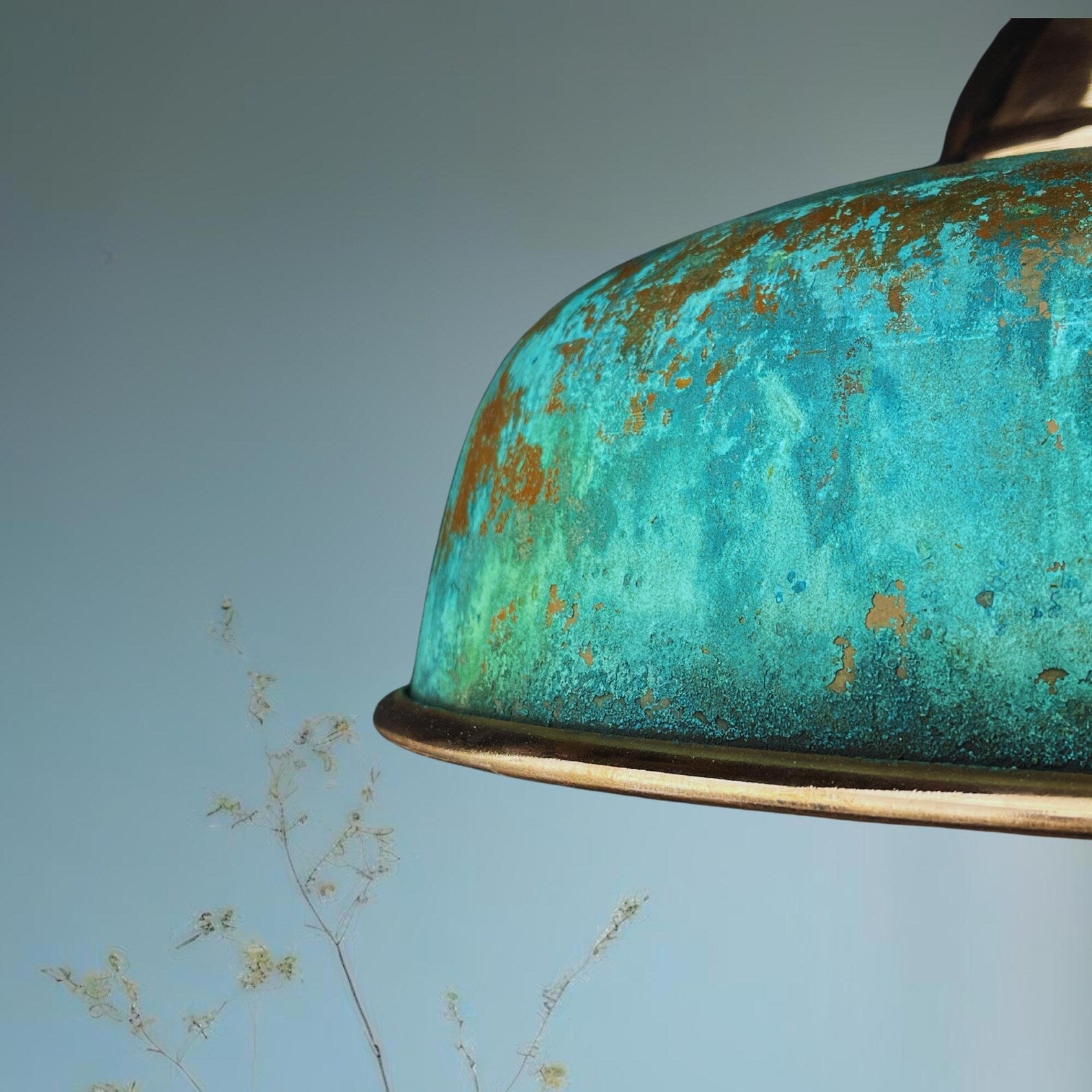 Handmade Oxidized Copper Pendant Light - Green Patina Dome Lamp - Mettlemix