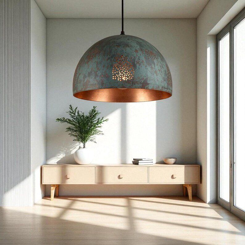 Handmade Oxidized Copper Pendant Light - Green Patina Perforated Dome - Mettlemix