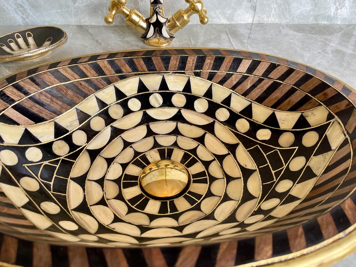 Hand-Studded Brass Sink & Faucet Set - "Eye Shape" Mosaic with Resin & Bone Inlay