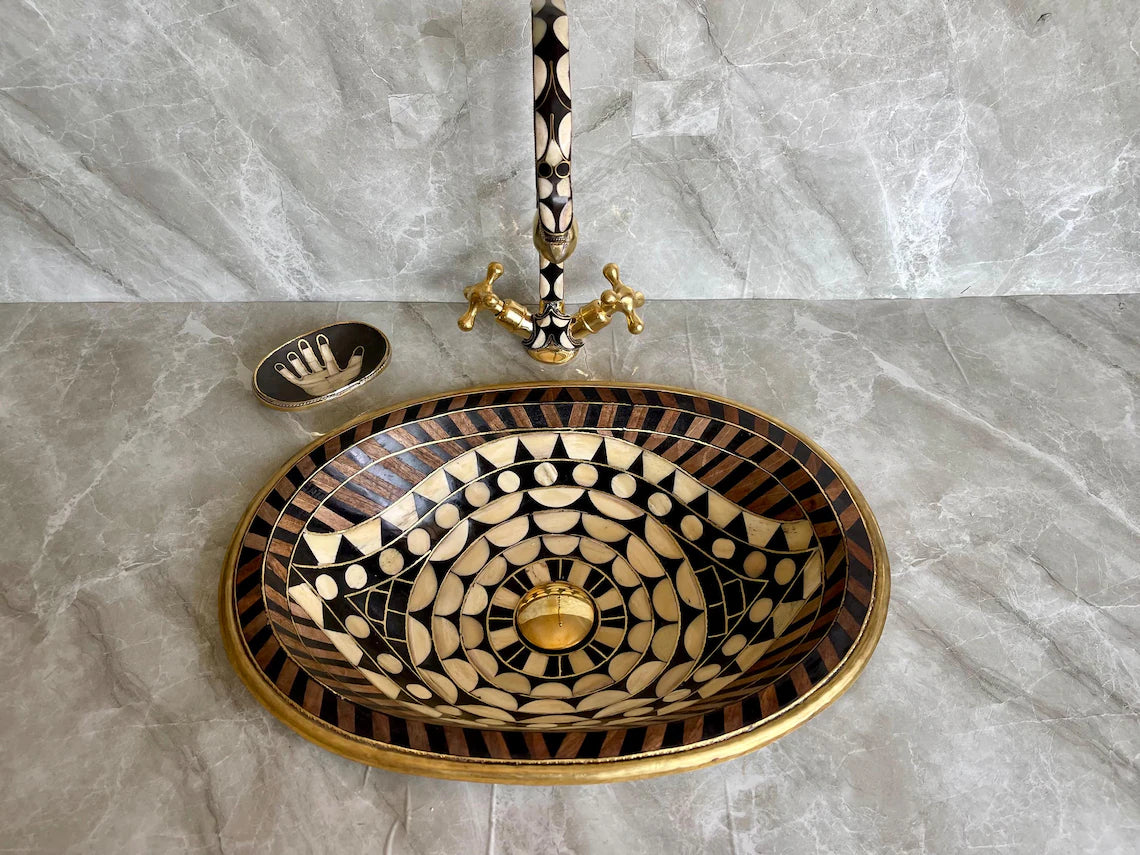 Hand-Studded Brass Sink & Faucet Set - "Eye Shape" Mosaic with Resin & Bone Inlay