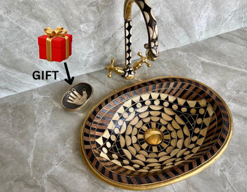 Hand-Studded Brass Sink & Faucet Set - "Eye Shape" Mosaic with Resin & Bone Inlay