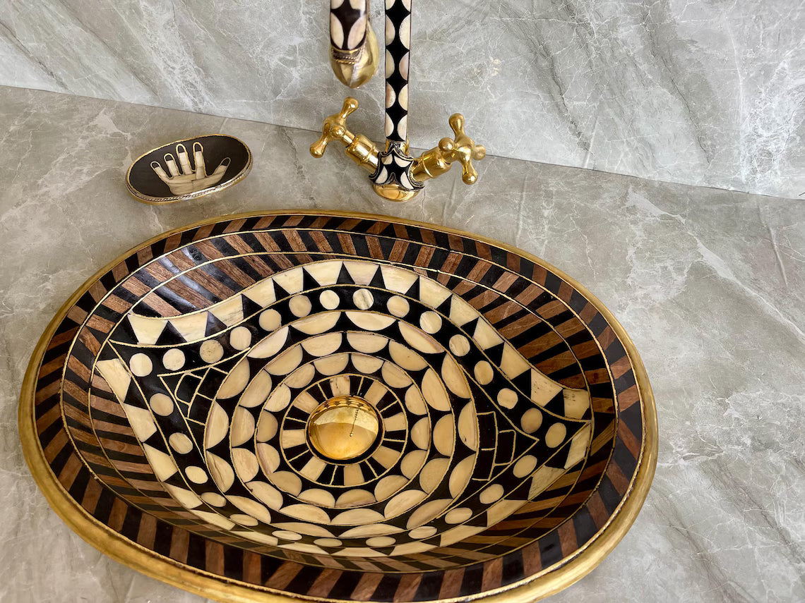 Hand-Studded Brass Sink & Faucet Set - "Eye Shape" Mosaic with Resin & Bone Inlay