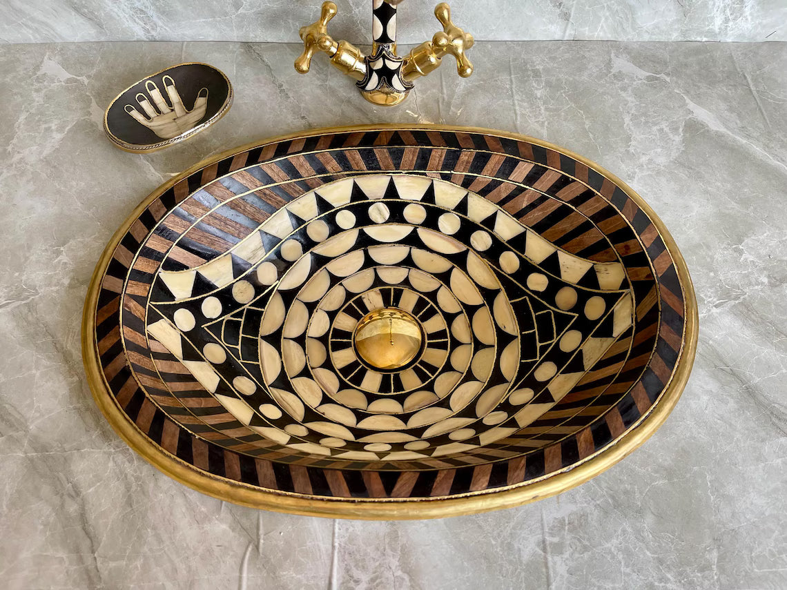 Hand-Studded Brass Sink & Faucet Set - "Eye Shape" Mosaic with Resin & Bone Inlay