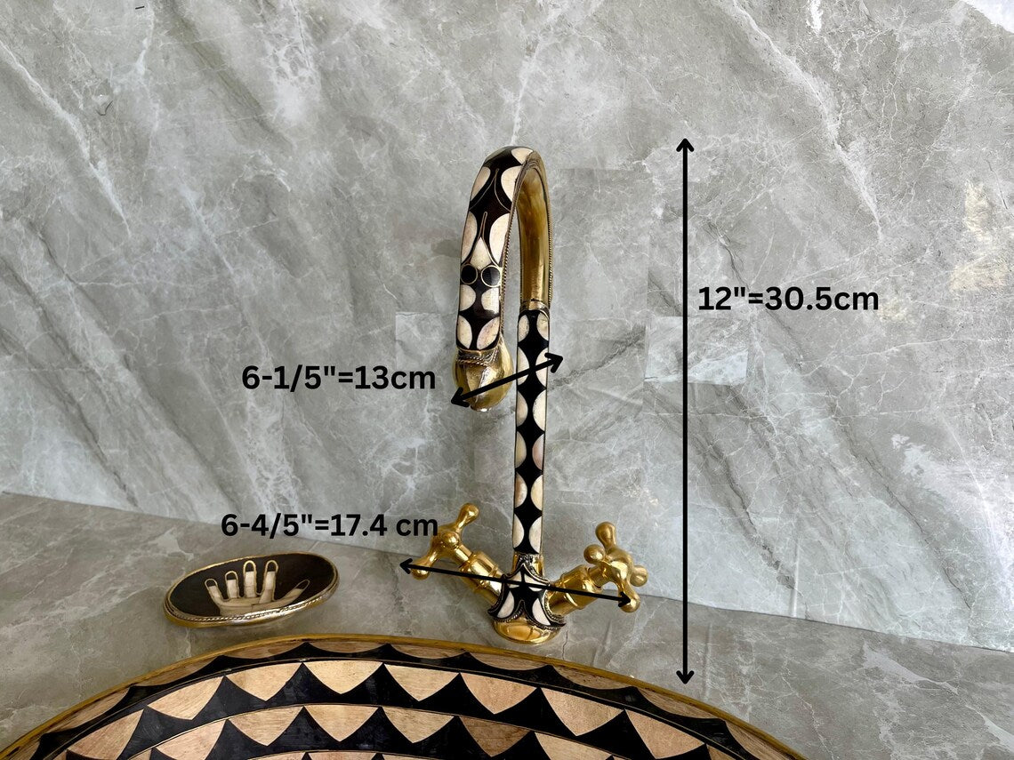Hand-Studded Brass Sink & Faucet Set - "Eye Shape" Mosaic with Resin & Bone Inlay