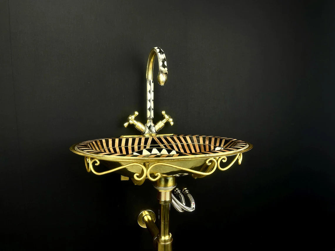 Vintage unlacquered brass bathroom sink faucet - aged brass with black resin & bone accents - wall-mounted sink faucet pack