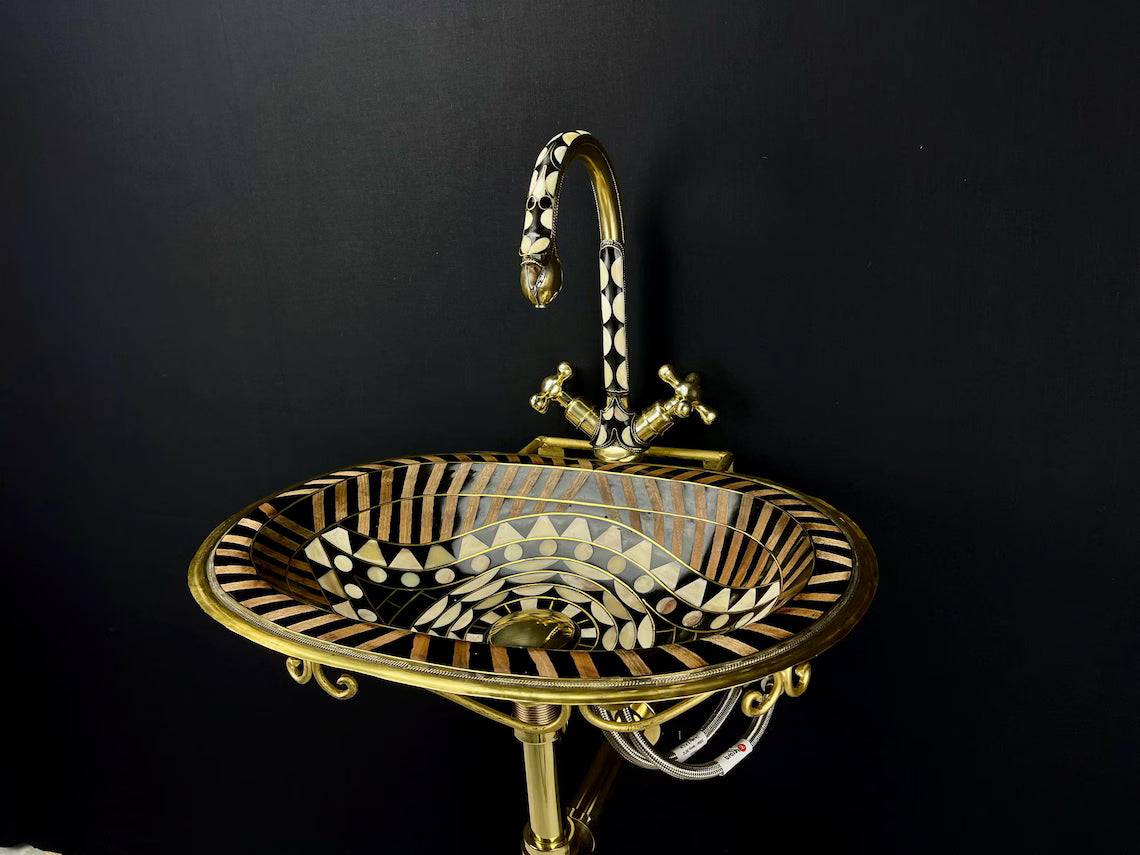 Vintage unlacquered brass bathroom sink faucet - aged brass with black resin & bone accents - wall-mounted sink faucet pack