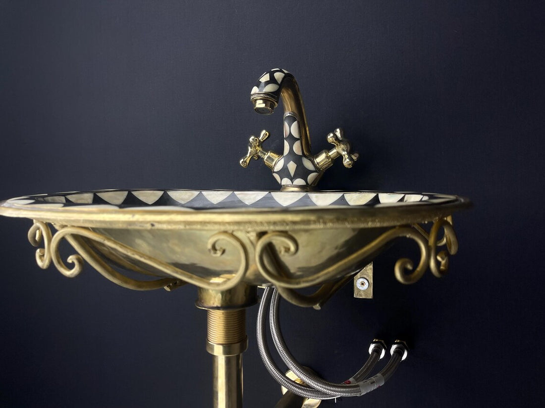 Vintage unlacquered brass bathroom sink faucet - aged brass with black resin & bone accents - wall-mounted sink faucet pack - free pop-up