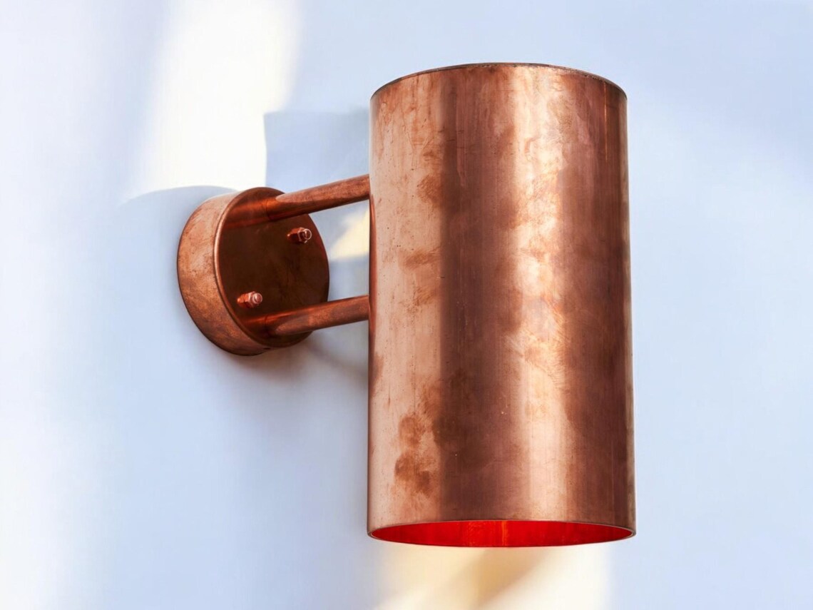 Raw copper outdoor sconce - minimalist architectural lighting - handcrafted cylindrical copper indoor outdoor light fixture