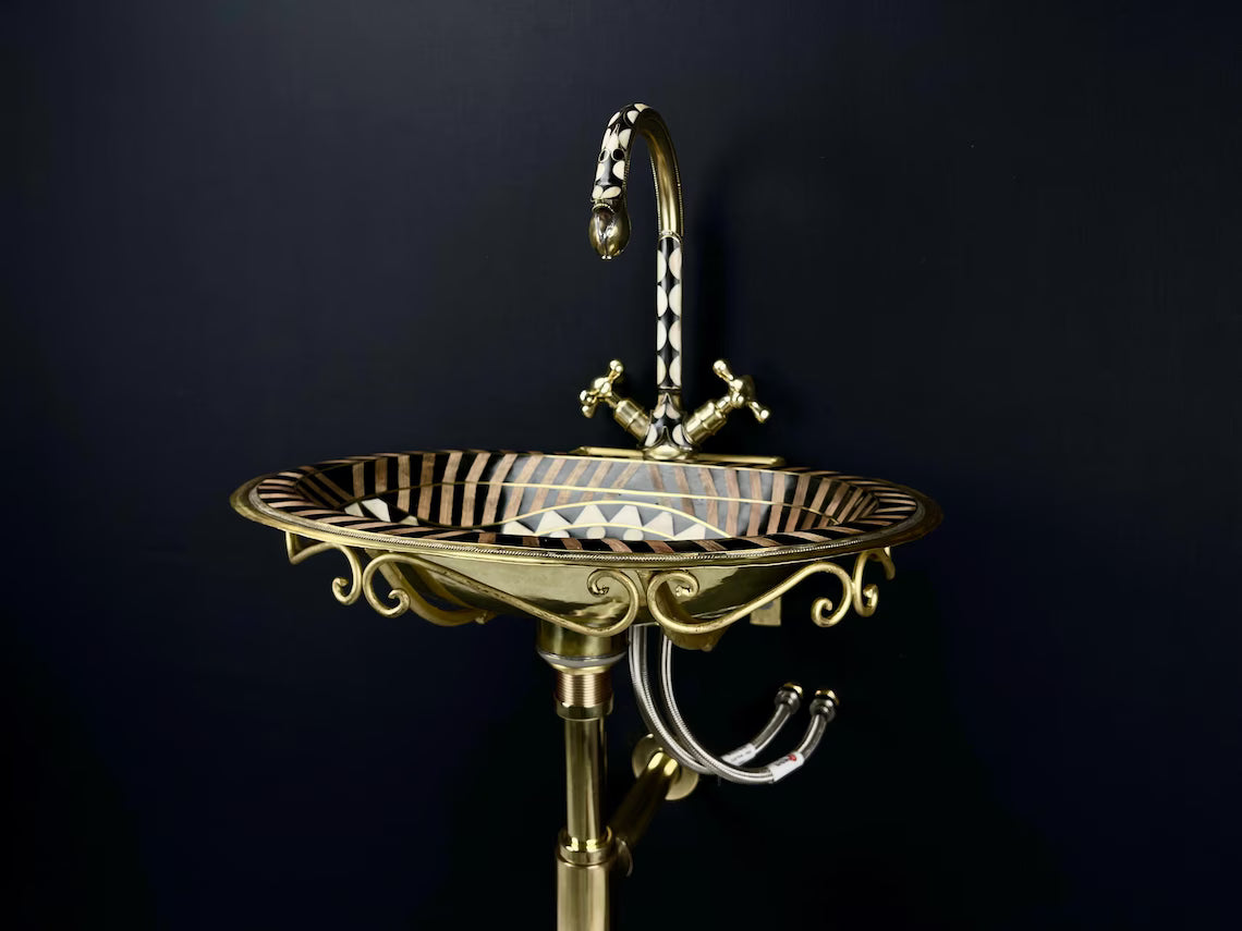 Vintage unlacquered brass bathroom sink faucet - aged brass with black resin & bone accents - wall-mounted sink faucet pack