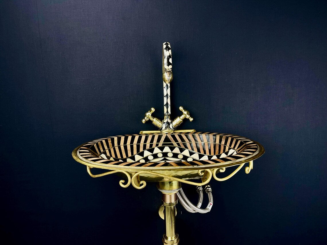 Vintage unlacquered brass bathroom sink faucet - aged brass with black resin & bone accents - wall-mounted sink faucet pack