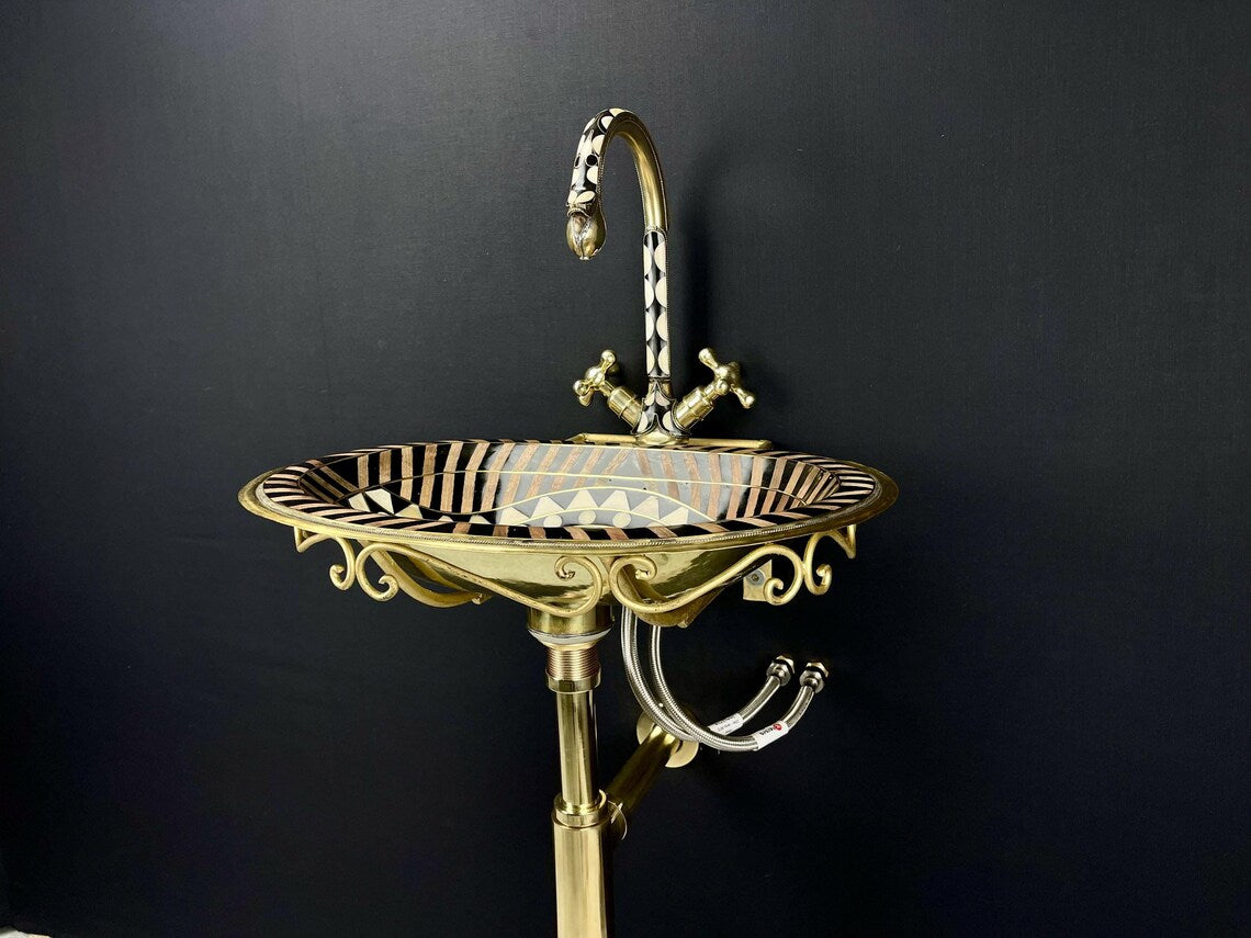 Vintage unlacquered brass bathroom sink faucet - aged brass with black resin & bone accents - wall-mounted sink faucet pack