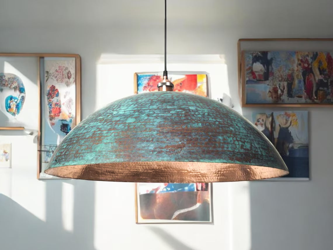 Vintage blue patina copper dome pendant light - oxidized copper pendant light - pure copper ceiling light - modern chandelier