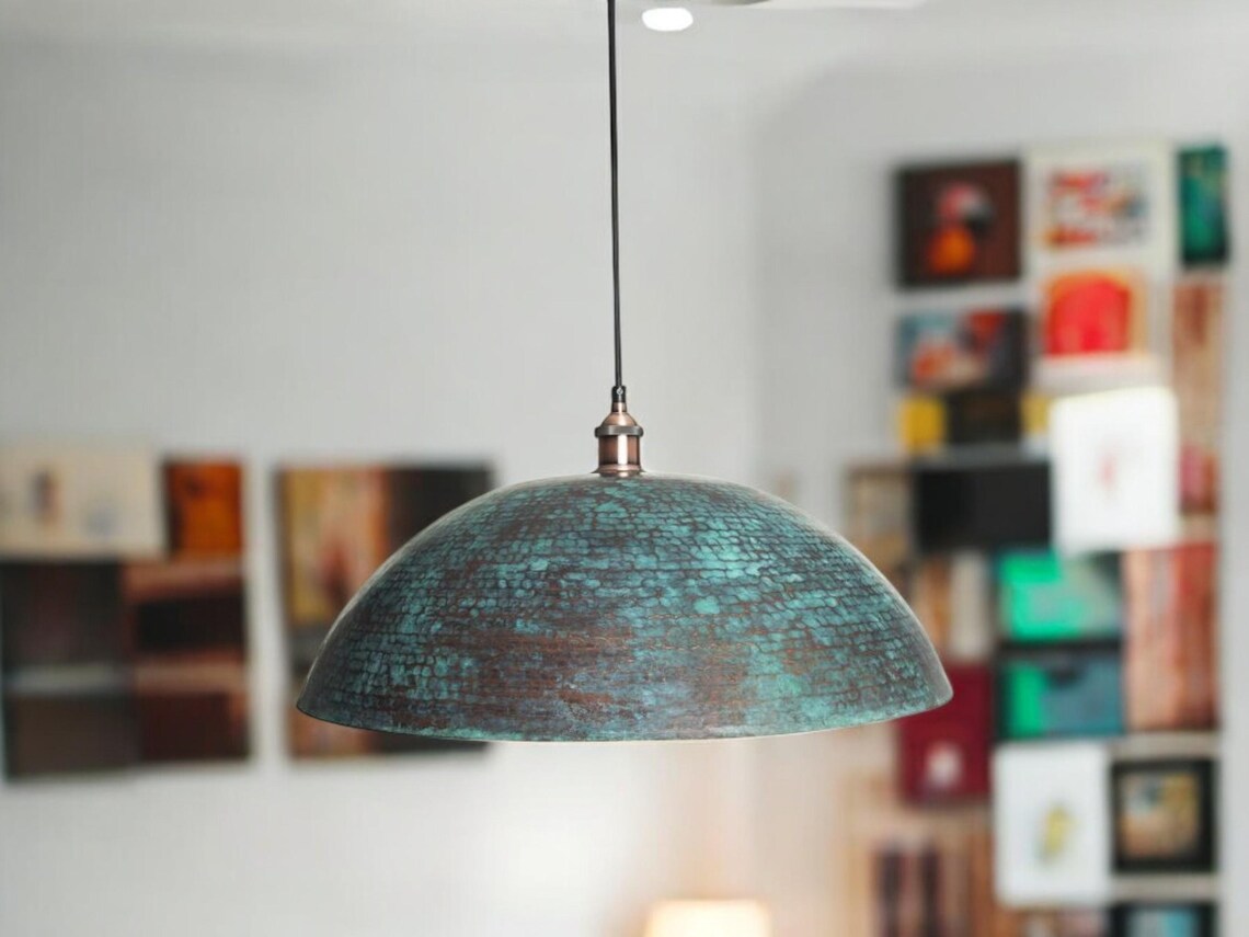 Vintage blue patina copper dome pendant light - oxidized copper pendant light - pure copper ceiling light - modern chandelier