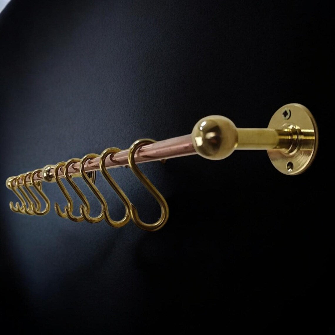 Solid copper kitchen pot rack - wall mount brass rod rail with hooks in multiple sizes - kitchen rail with hooks - brass rod rail
