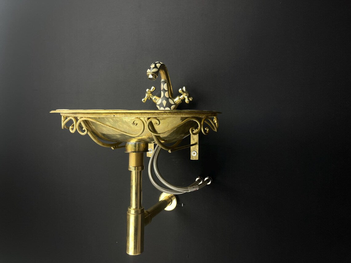 Vintage unlacquered brass bathroom sink faucet - aged brass with black resin & bone accents - wall-mounted sink faucet pack - free pop-up