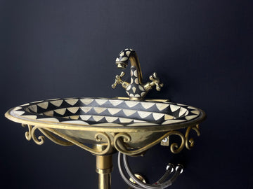 Vintage unlacquered brass bathroom sink faucet - aged brass with black resin & bone accents - wall-mounted sink faucet pack - free pop-up