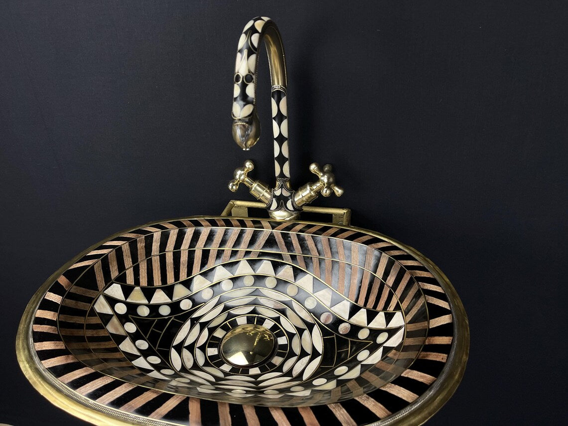 Vintage unlacquered brass bathroom sink faucet - aged brass with black resin & bone accents - wall-mounted sink faucet pack