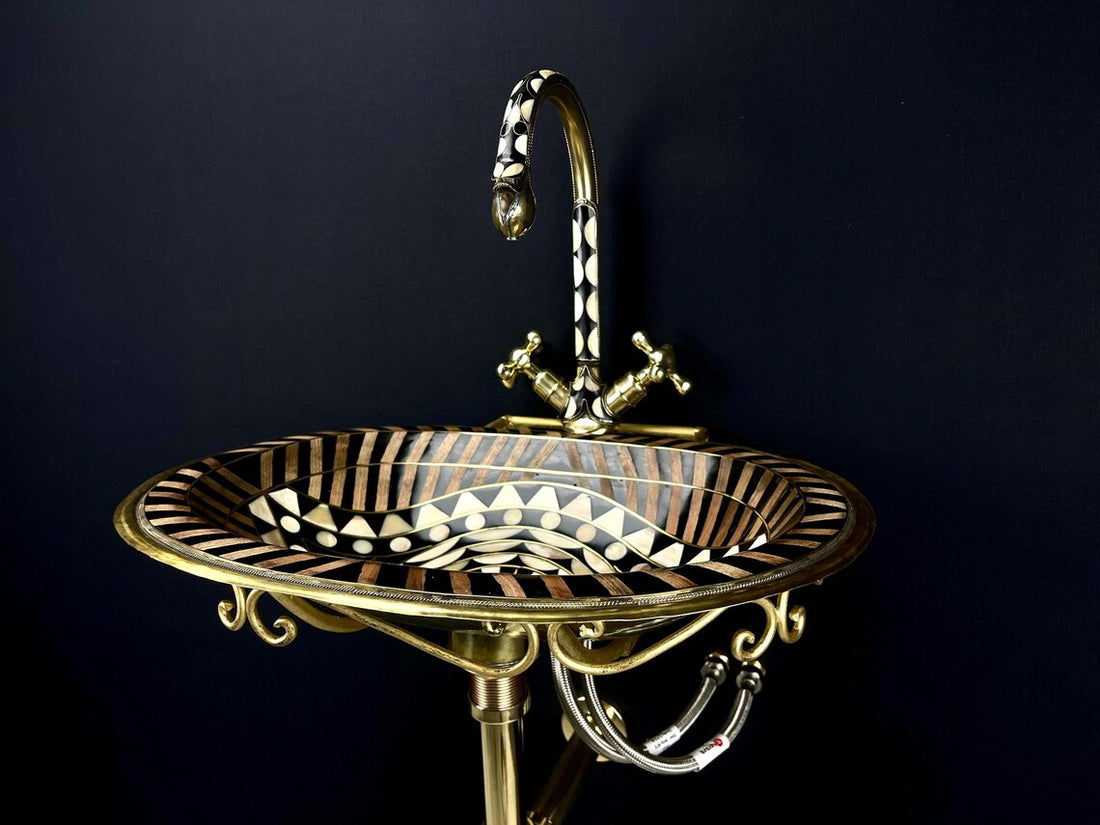 Vintage unlacquered brass bathroom sink faucet - aged brass with black resin & bone accents - wall-mounted sink faucet pack