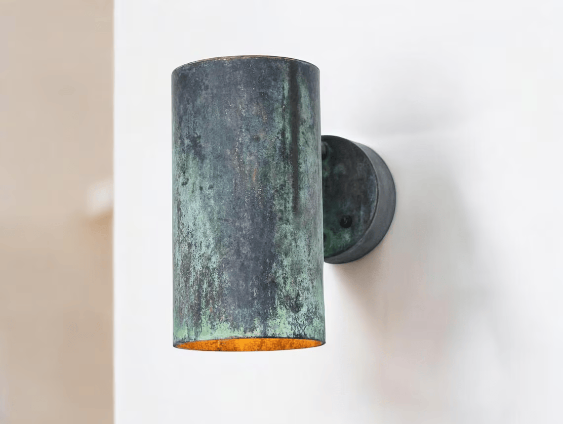 Oxidized copper outdoor wall sconce with green patina - modern scandinavian porch light - handcrafted waterproof exterior light fixture