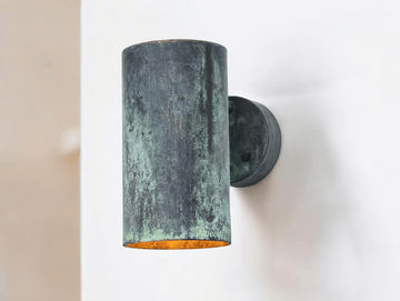 Oxidized copper outdoor wall sconce with green patina - modern scandinavian porch light - handcrafted waterproof exterior light fixture