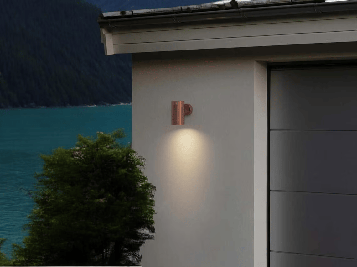 Oxidized copper outdoor wall sconce with green patina - modern scandinavian porch light - handcrafted waterproof exterior light fixture