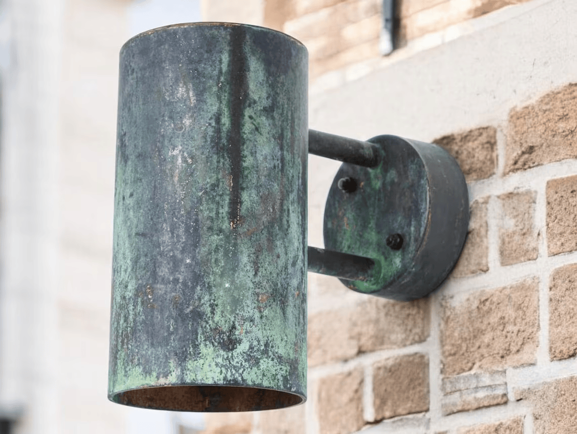 Oxidized copper outdoor wall sconce with green patina - modern scandinavian porch light - handcrafted waterproof exterior light fixture