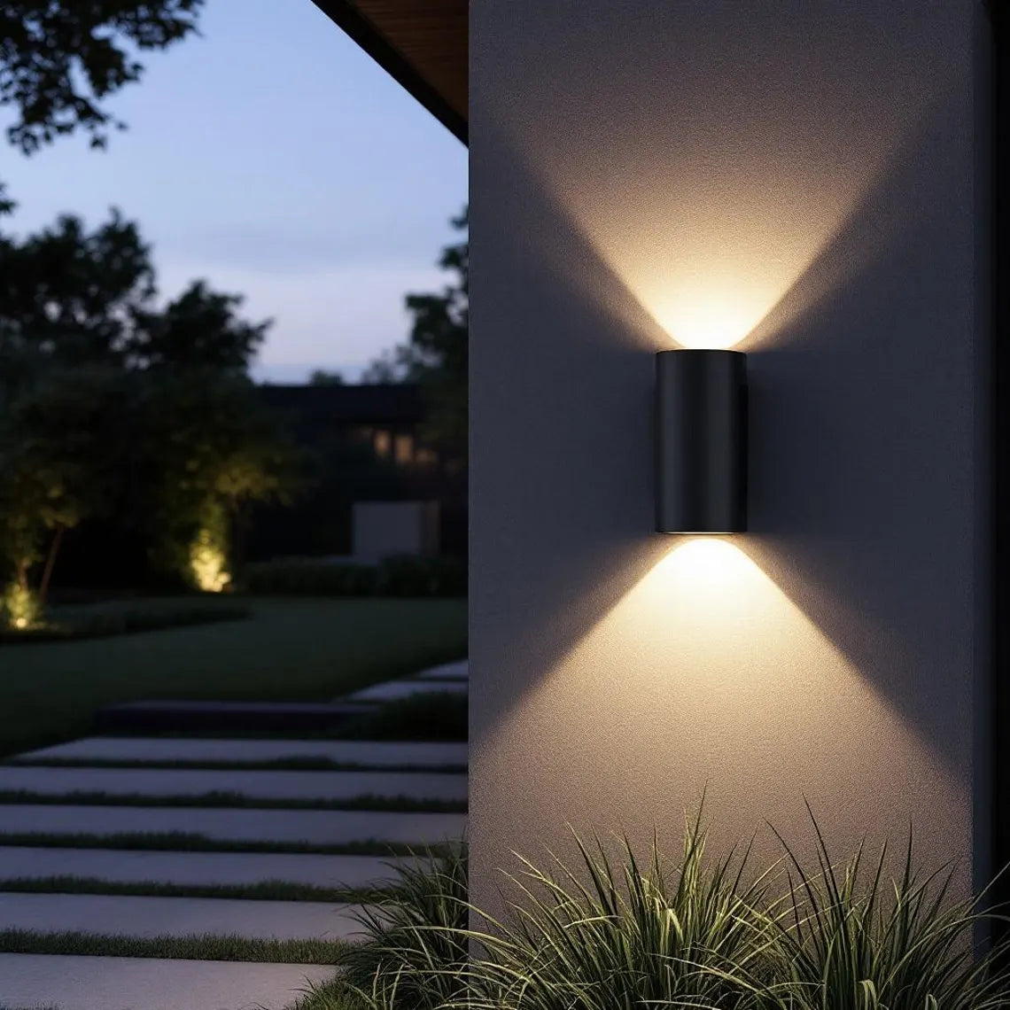 Oxidized black-patina copper wall sconce for outdoor use - modern cylindrical wall sconce with dark bronze exterior finish - copper sconce